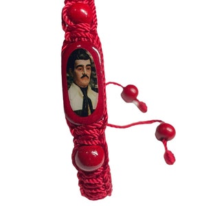 Jesus Malverde Knotted Rope Bracelet Red Color Wood Charm Adjustable Handmade