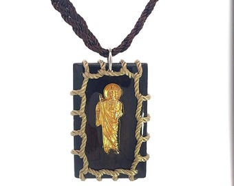 St Jude Brown Plated Reversible Necklace Rope Wood Handmade NEW
