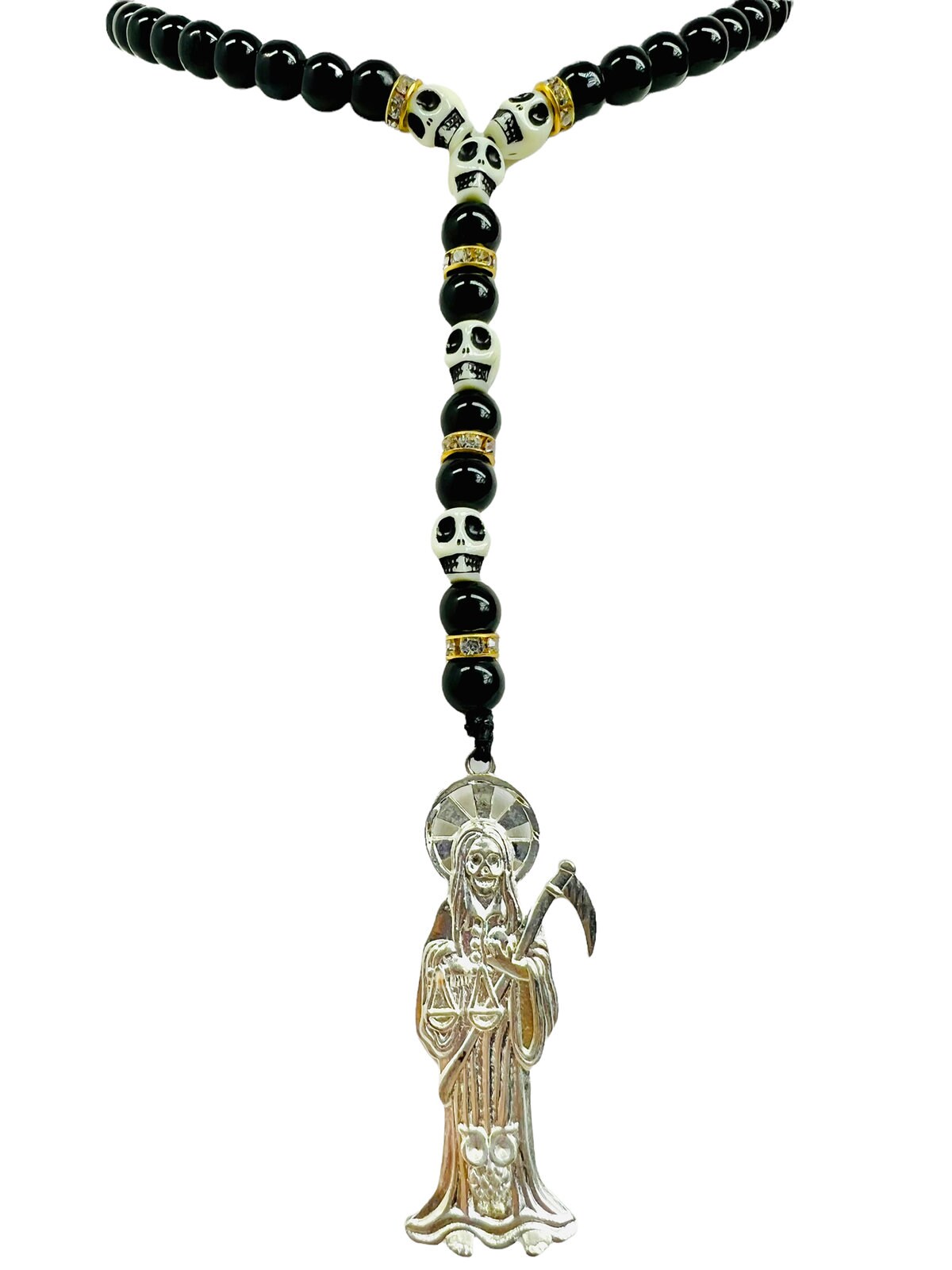Santa Muerte Rosary Necklace Handmade Black Beads Silver Plated Santisima Death