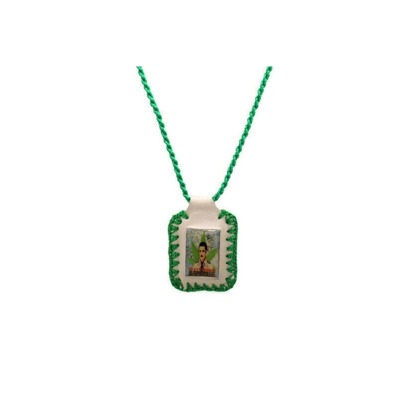 Jesus Malverde Necklace Scapular Green and White Leather Rope Escapulario
