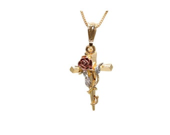 Rose Cross Pendant with Necklace 24K Gold Filled NEW Crucifix