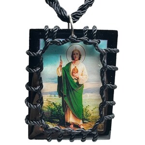 Large St Jude Scapular Necklace Knotted Rope Black Wood Charm NEW