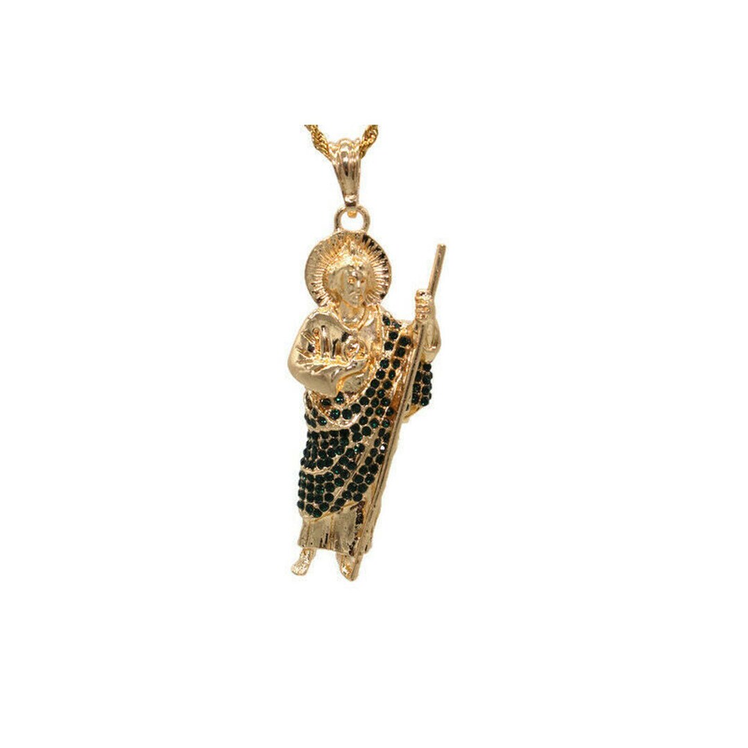 St Jude Pendant With Necklace 24K Gold Filled Chain Charm Green Stones ...