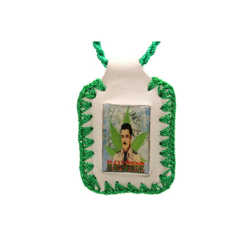 Jesus Malverde Necklace Scapular Green and White Leather Rope Escapulario