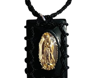 Our Lady of Guadalupe Reversible Scapular Necklace Wood Rope Gold Plated Black