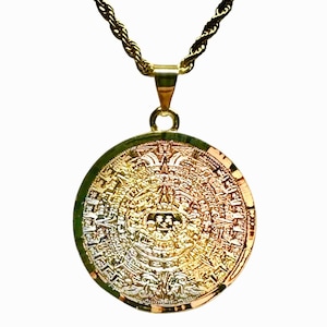 Aztec Calendar Pendant with Rope Necklace 24K Gold Filled NEW