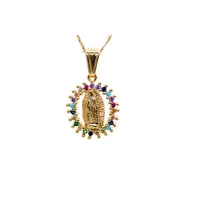 Our Lady of Guadalupe Pendant with Necklace 24K Gold Filled Color Stones NEW