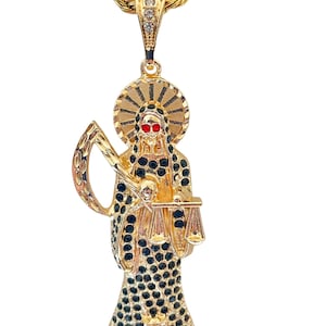 Black Santa Muerte Pendant with Necklace 24K Gold Filled Rope Chain Holy Death