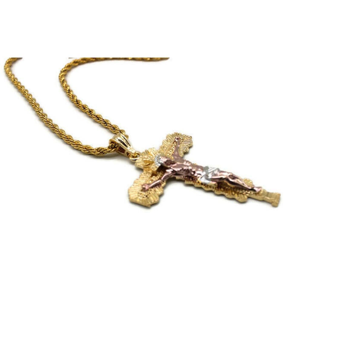 Cruz Crucifijo Con Cadena De Torsal 24k Oro Chapiado Nuevo Etsy