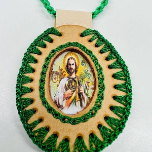 St Jude Leather Scapular Necklace Cream Green Rope Saint Rosary Handmade NEW