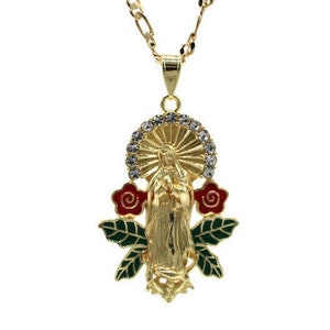 Our Lady of Guadalupe Pendant with Necklace Gold Filled Red Roses Green Leafs