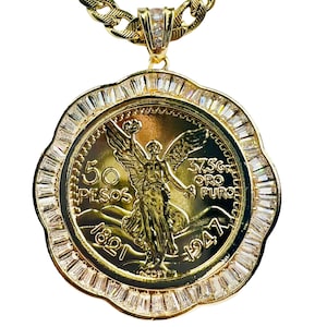 Centenario with 26&quot; Necklace 24K Gold Filled 50 Pesos Figaro Chain Pendant NEW