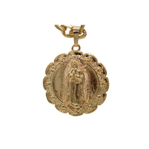 Virgen de Guadalupe y Sagrado Corazon de Jesus Medalla con Cadena 24k Oro Laminado
