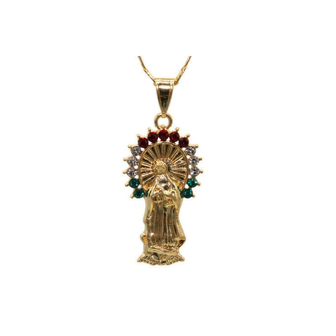 Virgen De Guadalupe Medalla Con Cadena Piedras Color Mexico 24k Oro
