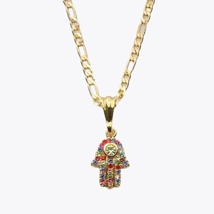Hamsa Hand Pendant with Necklace Gold Filled) Color Rhinestones Charm Chain NEW