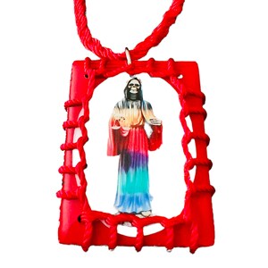 Santa Muerte Scapular Necklace Wood Knotted Rope Red 7 Powers NEW