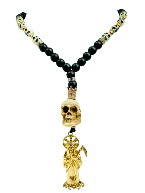 Santa Muerte Rosary Necklace Handmade Gold Plated Black Beads Santisima Quality