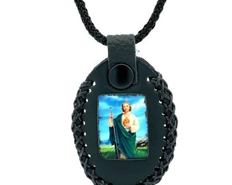 St Jude Leather Necklace Handmade Black Color Rope Saint Scapular NEW