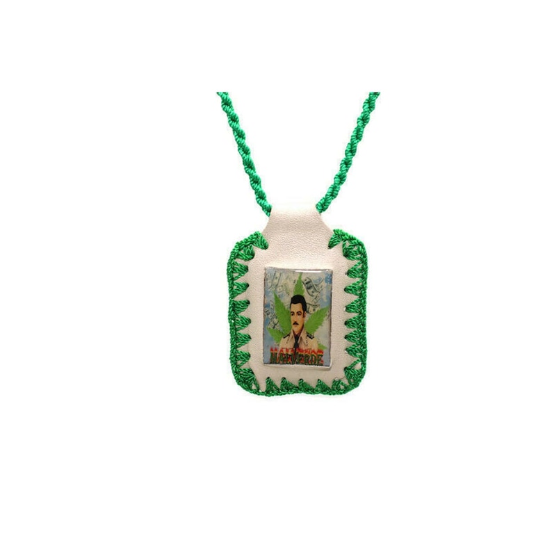 Jesus Malverde Necklace Scapular Green and White Leather Rope Escapulario
