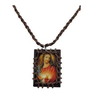 Sagrado Corazón de Jesús Collar Escapular Hecho a mano cuerda anudada madera colgante marrón