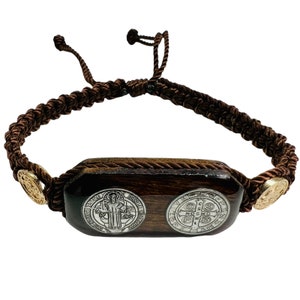 St Benedict Handmade Bracelet Knotted Rope Wood Pendant Brown Adjustable Saint