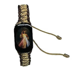 Jesus Divine Mercy Knotted Rope Bracelet Wood Charm Black and Tan Adjustable