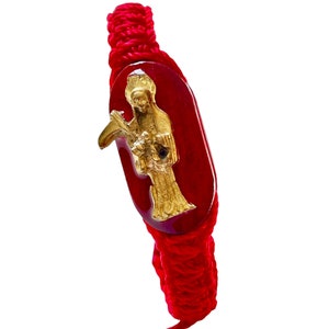 Santa Muerte Knotted Rope Bracelet Red Adjustable Handmade Wood Charm NEW