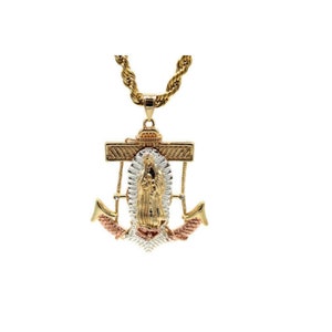 Our Lady of Guadalupe Anchor Pendant with Necklace 24K Gold Filled Three Tone NEW