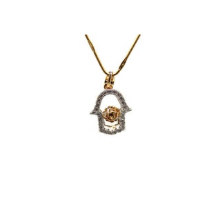 Hamsa Hand Rose Pendant with Necklace 24k Gold Filled Plated Chain NEW White Stones