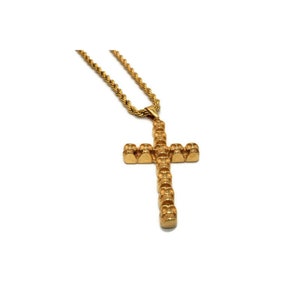 Cruz de Calaveras Medalla con Cadena  24k Oro Chapado Acero Inoxidable Dije NUEVO