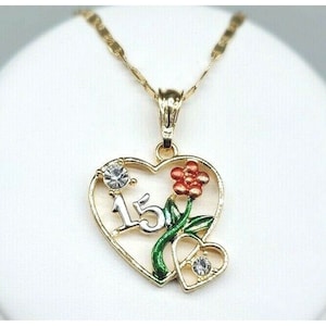 Quinceanera Heart Pendant with Necklace 24k Gold Filled Sweet 15 NEW