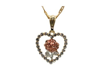 Heart Rose Pendant with Necklace NEW 24K Gold Filled Charm Chain Roses Hearts