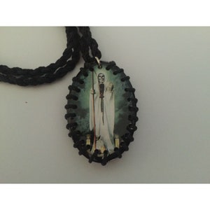 Santa Muerte Wood Oval Rope Necklace Madera Cadena Grim Reaper