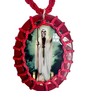 Santa Muerte Scapular Necklace Handmade Red Rope Wood Pendant White Santisima