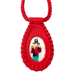 Santa Muerte Scapular Necklace Leather Pendant Red Knotted Rope 7 Powers NEW