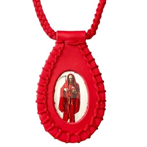 Santa Muerte Scapular Necklace Leather Pendant Knotted Rope Red Holy Death Grim Reaper