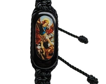 St Michael Knotted Rope Bracelet Black Adjustable Saint Wood Charm NEW