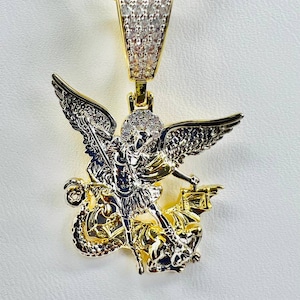 St Michael Archangel Pendant with Necklace 14K Gold Finish Rope Chain Saint NEW