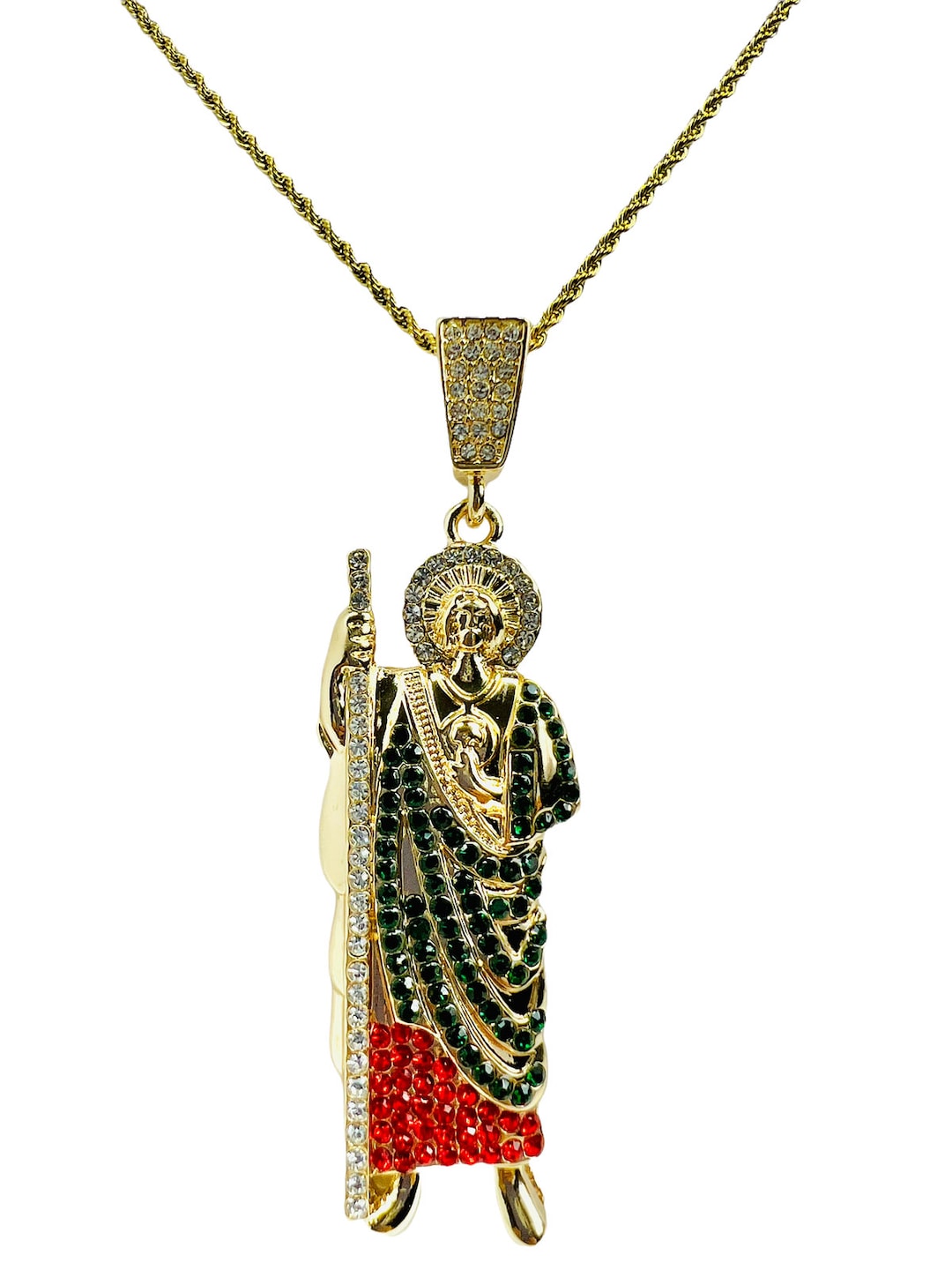 St Jude Pendant With Necklace 24K Gold Filled Saint Chain Green White ...