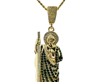 St Jude Pendant with Necklace 24K Gold Filled Saint Chain Green White Red Stones