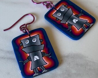 Pendientes de robot bailarín hechos a mano, arcilla polimérica, alambres de niobio