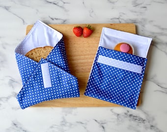 Reusable Sandwich Wrap and Snack Bag Set - Blue and White Polka Dot, Back to School Gift for Kids, Small Birthday Gift for Boys