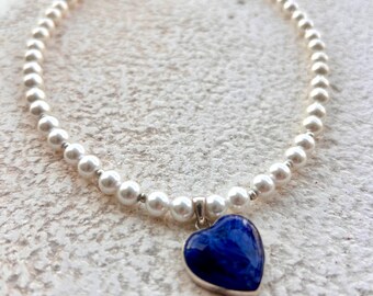 Freshwater Pearl Necklace,Blue Heart Pendant,Cornflower from Sea of Galilee,Silver 925/ Gold Plated,Christian Gift,Handmade Israel Jewelry