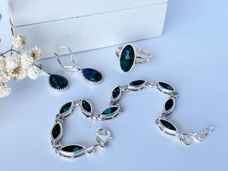 Set of Eilat Stone Bracelet, Pendant, Earrings and Ring, sterlin Set of Eilat Stone Bracelet, Pendant, Earrings and Ring, sterlin