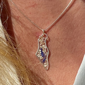 Silver sterling 925/Gold Plated Israel Pendant, Blue-White flowers Map of Israel with a chain, with real dried flowers from Holy Land