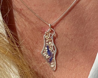 Silver sterling 925/Gold Plated Israel Pendant, Blue-White flowers Map of Israel with a chain, with real dried flowers from Holy Land
