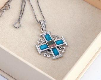 Kreuz Halskette, Sterling Silber Jerusalem Kreuz Halskette mit Nano Bibel sim, neues Testament, Bibel Vers Halskette, römischer Glasschmuck