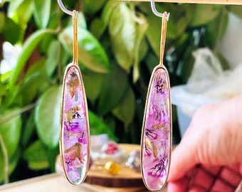 14K gold plated Silver sterling 925 long drop shaped dangle handmade earrings with the real dried flowers from Holy Land, resin earrings