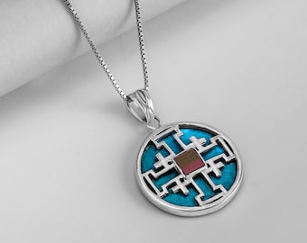 Christian Necklace , sterling silver round jerusalem cross necklace with Nano Bible sim , new testament , Roman glass, Bible verse necklace
