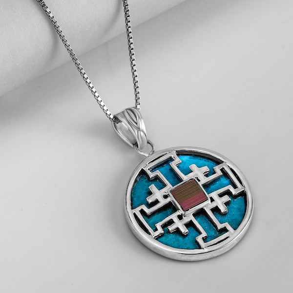 Christian Necklace , sterling silver round jerusalem cross necklace with Nano Bible sim , new testament , Roman glass, Bible verse necklace